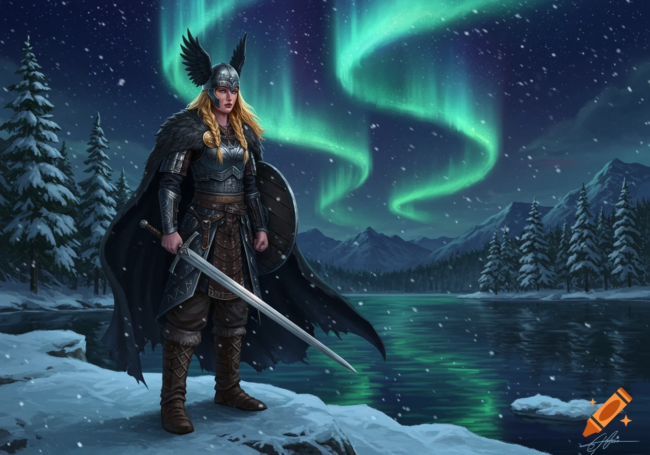 A blonde female warrior in Viking-style armor with a sword and shield stands in a snowy mountain landscape under a vibrant green aurora borealis.