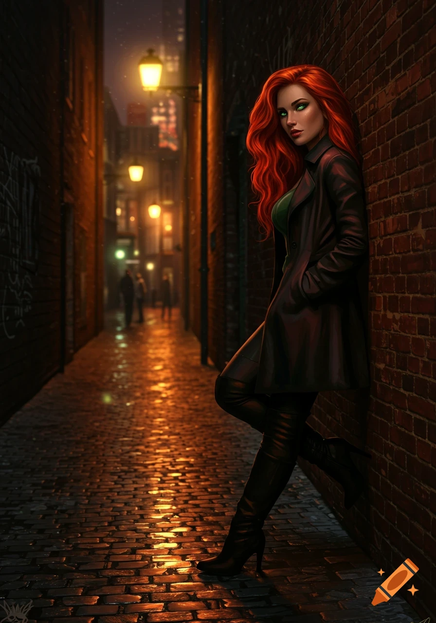 A red-haired woman in a black coat leans against a brick wall in a dark, wet city alley at night, streetlights reflecting.