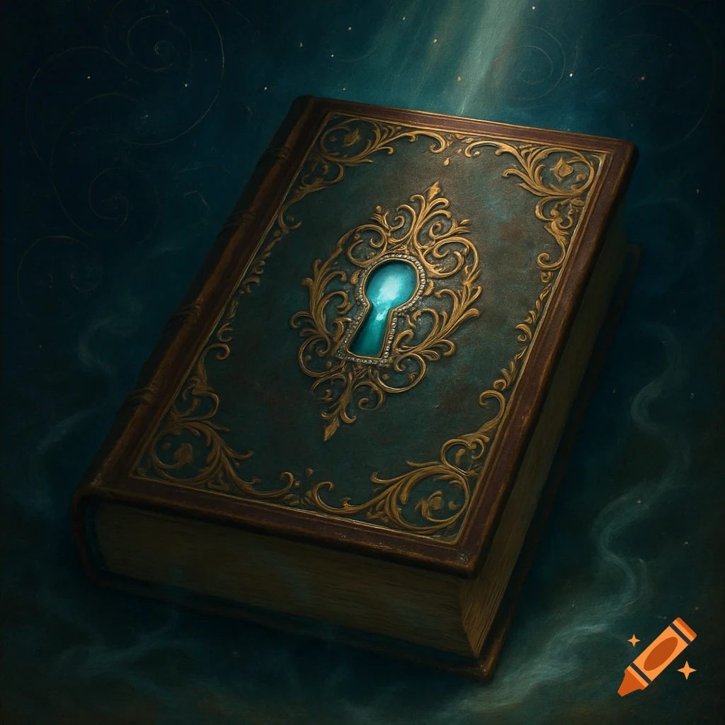 An ornate, antique-looking book with a glowing blue keyhole on its cover, against a dark, mystical background.