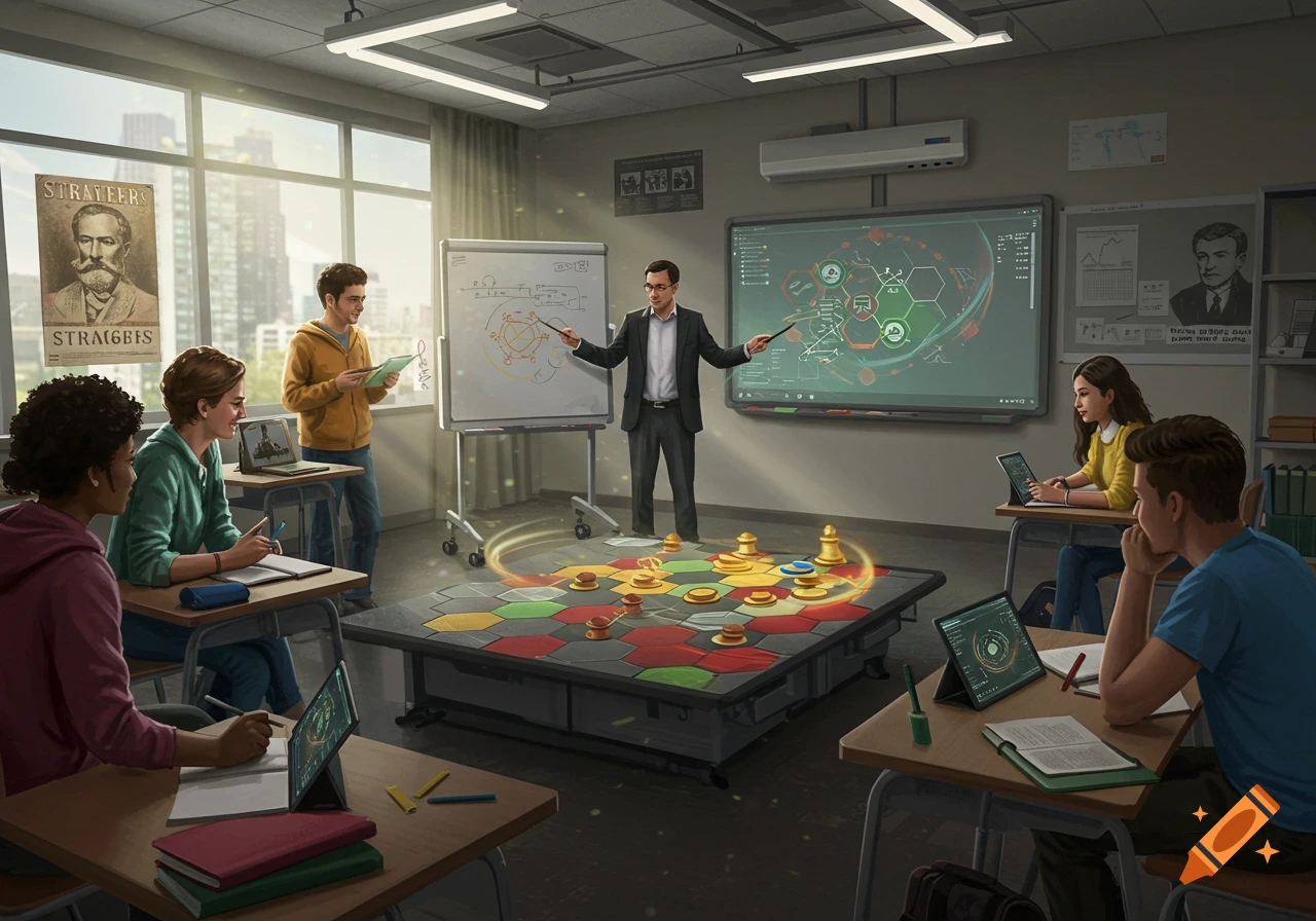 A teacher in a classroom points to a large digital screen and a futuristic hexagonal board game, while students sit at desks with laptops, listening and taking notes. A poster of a man with "STRATEGES" is on the wall.