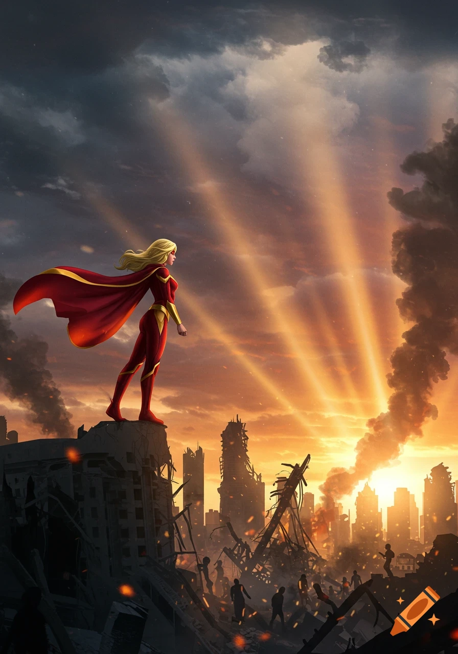 Blonde female superhero in red and gold stands on a ruined building, overlooking a destroyed city at sunset with dramatic light rays. Illustrated.
