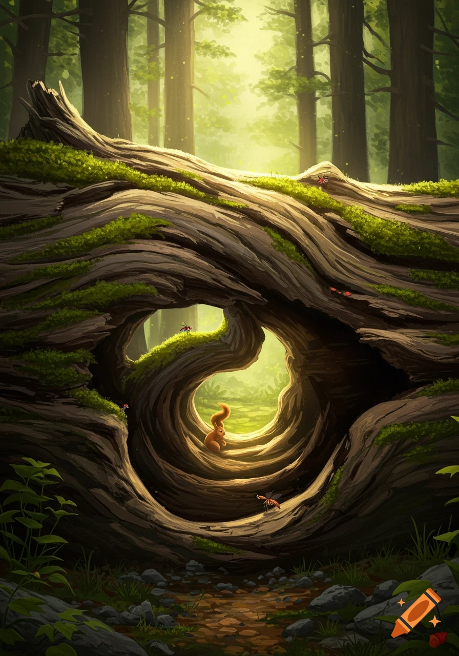 An illustration of a small squirrel peeking from a curving hollow log covered in moss, bathed in sunlight in a deep forest.