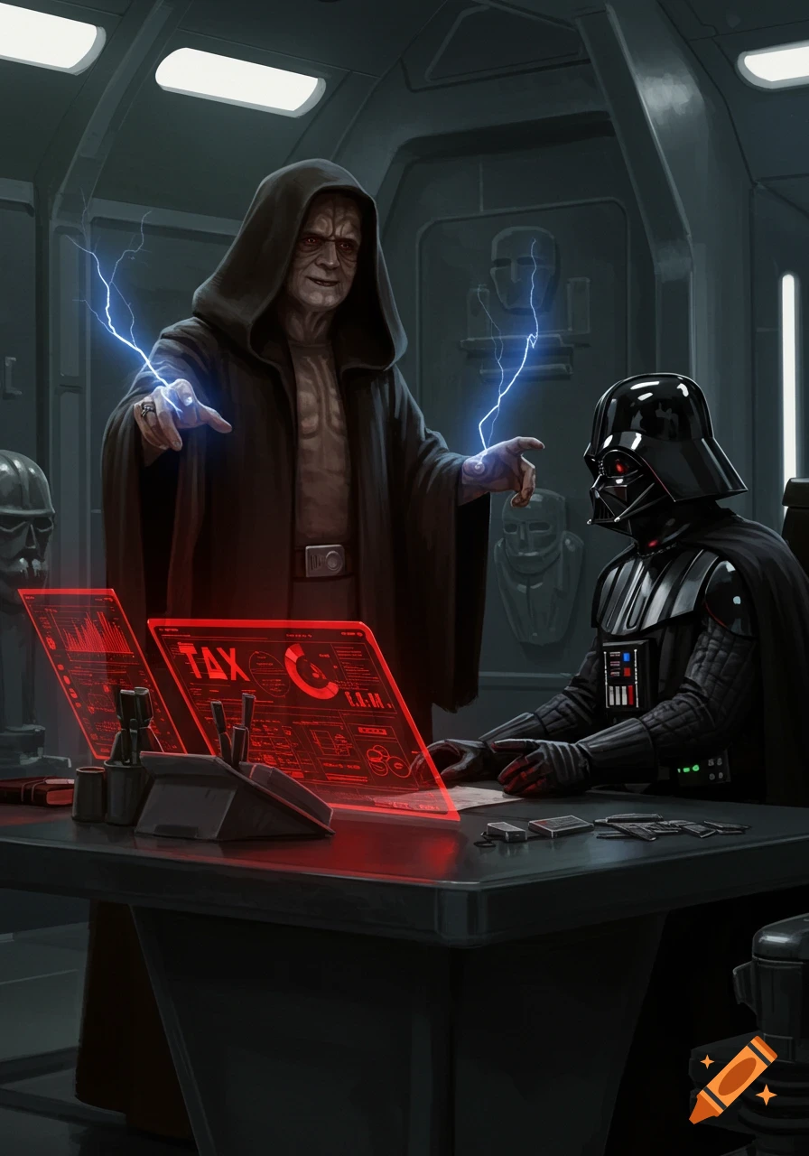 Emperor Palpatine casts lightning as Darth Vader works on glowing red holographic tax screens in a dark sci-fi room.