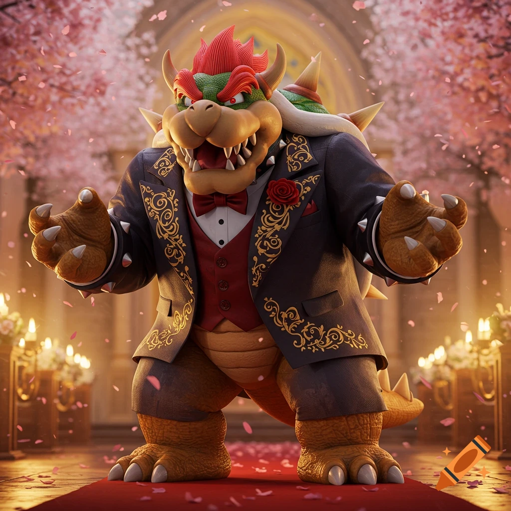 Bowser in an ornate blue and red wedding suit stands on a red carpet in a wedding chapel with cherry blossoms falling.