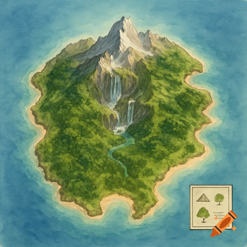 Overhead watercolor-style map of a lush island with a snow-capped mountain, waterfalls, beaches, and a legend.