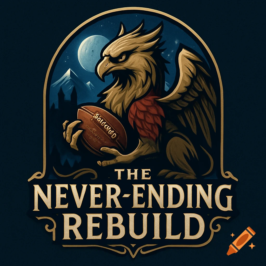 A fantasy football league logo features a golden griffin holding a football, set against a night sky with a moon and mountains. Below, the text reads "THE NEVER-ENDING REBUILD" in a stylized font.