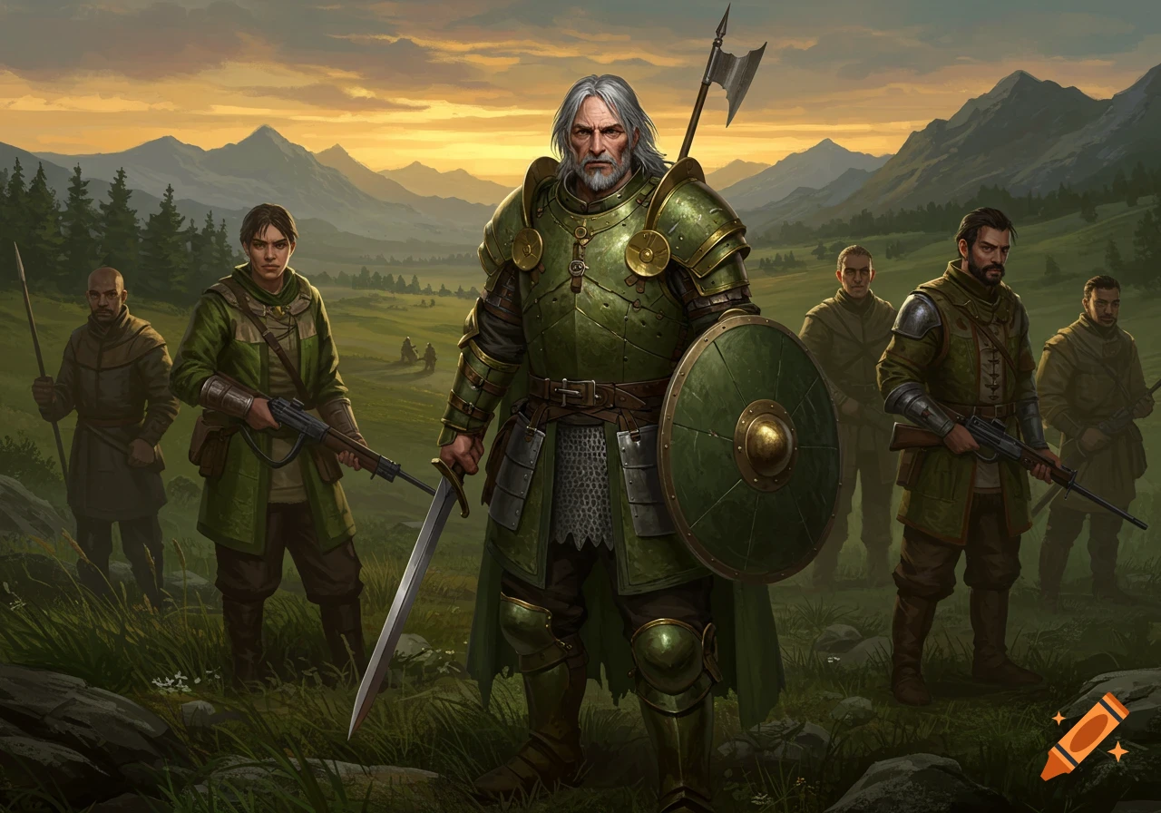 An armored mercenary captain and his company stand in a grassy field with mountains at sunset, in a detailed fantasy digital painting.
