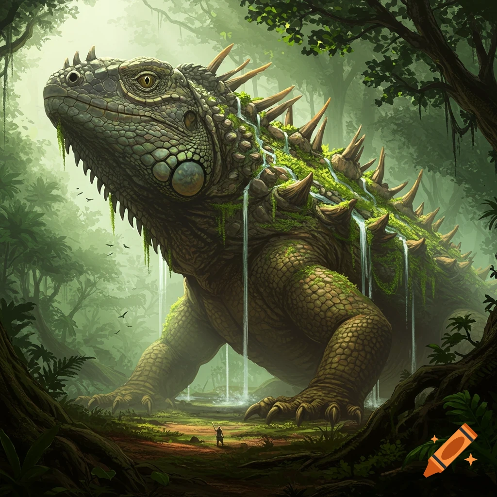 Colossal moss-covered iguana creature with waterfalls on its back towers over a small figure in a misty jungle.