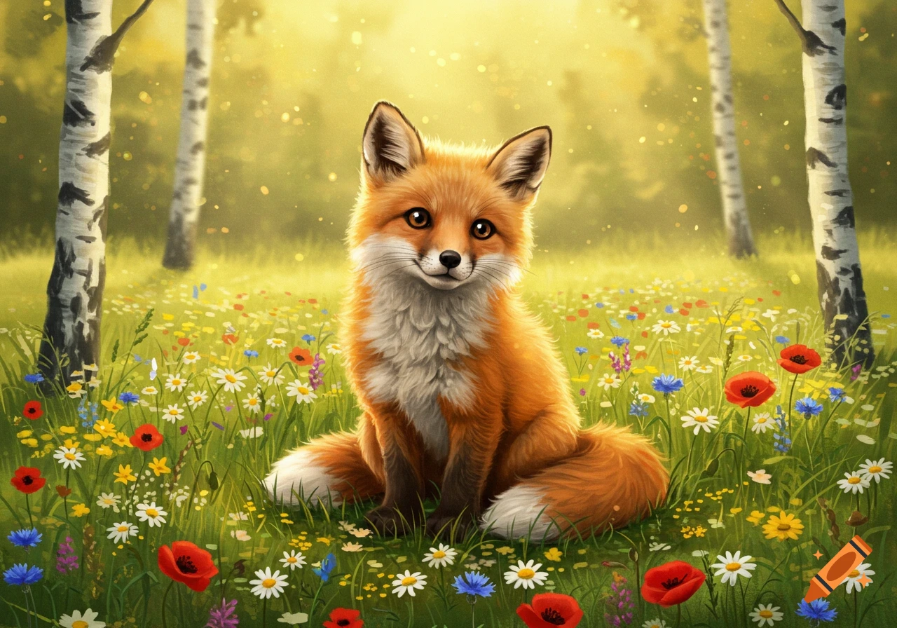 A cute, fluffy red fox sits smiling in a sunlit field of colorful wildflowers with birch trees in the background.