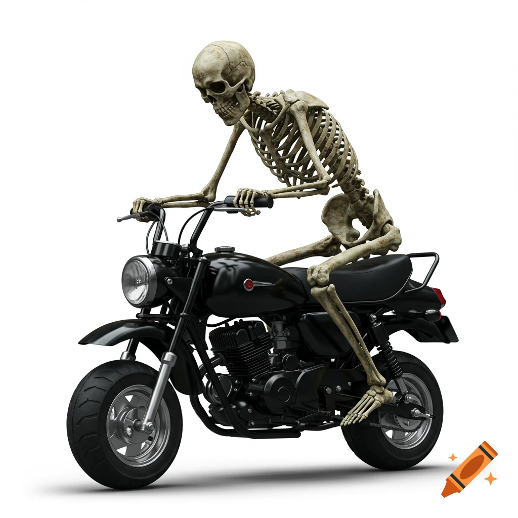 A photorealistic 3D render of a full skeleton riding a black minibike against a white background.