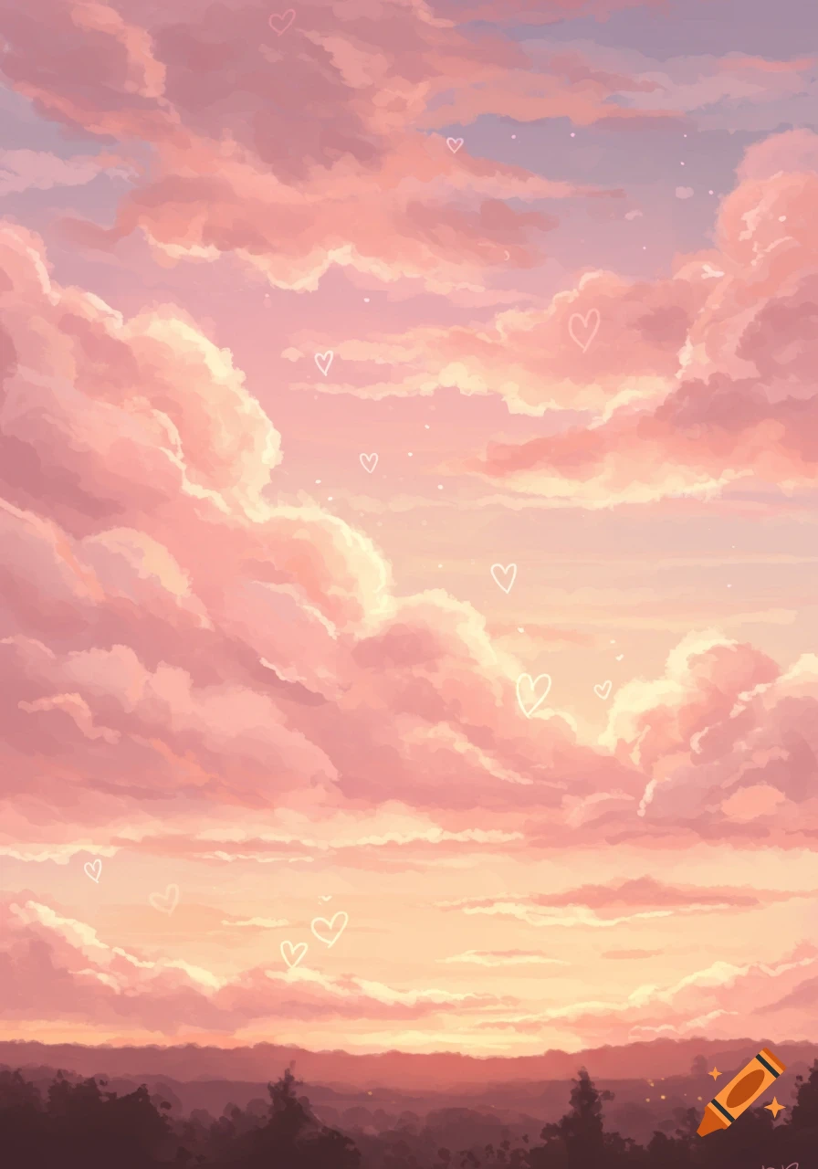 A dreamy landscape featuring a vibrant pink and orange cloudy sky with numerous white heart outlines floating, above a dark, distant tree-lined horizon.