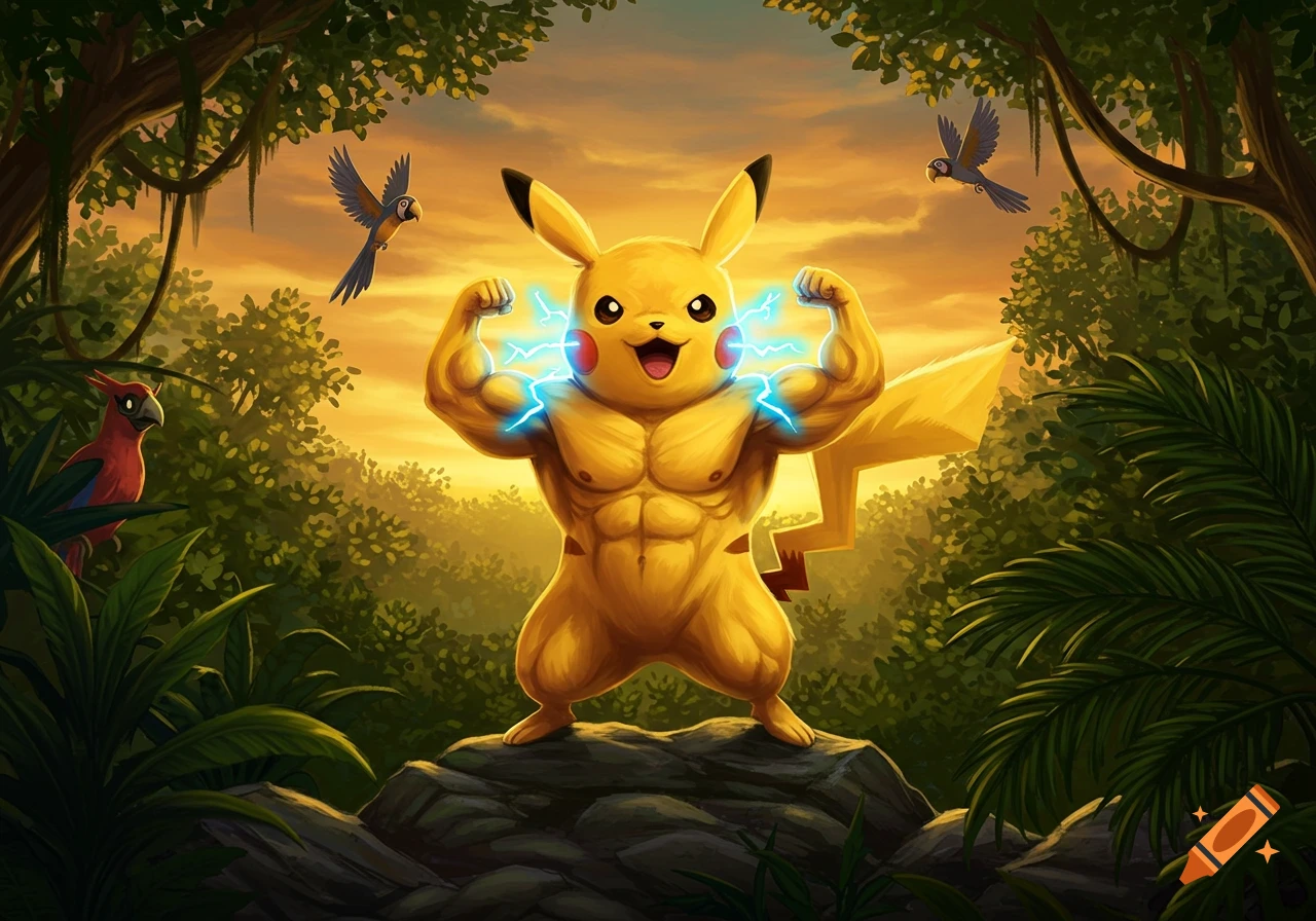 A muscular Pikachu with lightning around its arms flexes on a rock in a lush jungle at sunset, with parrots flying around.