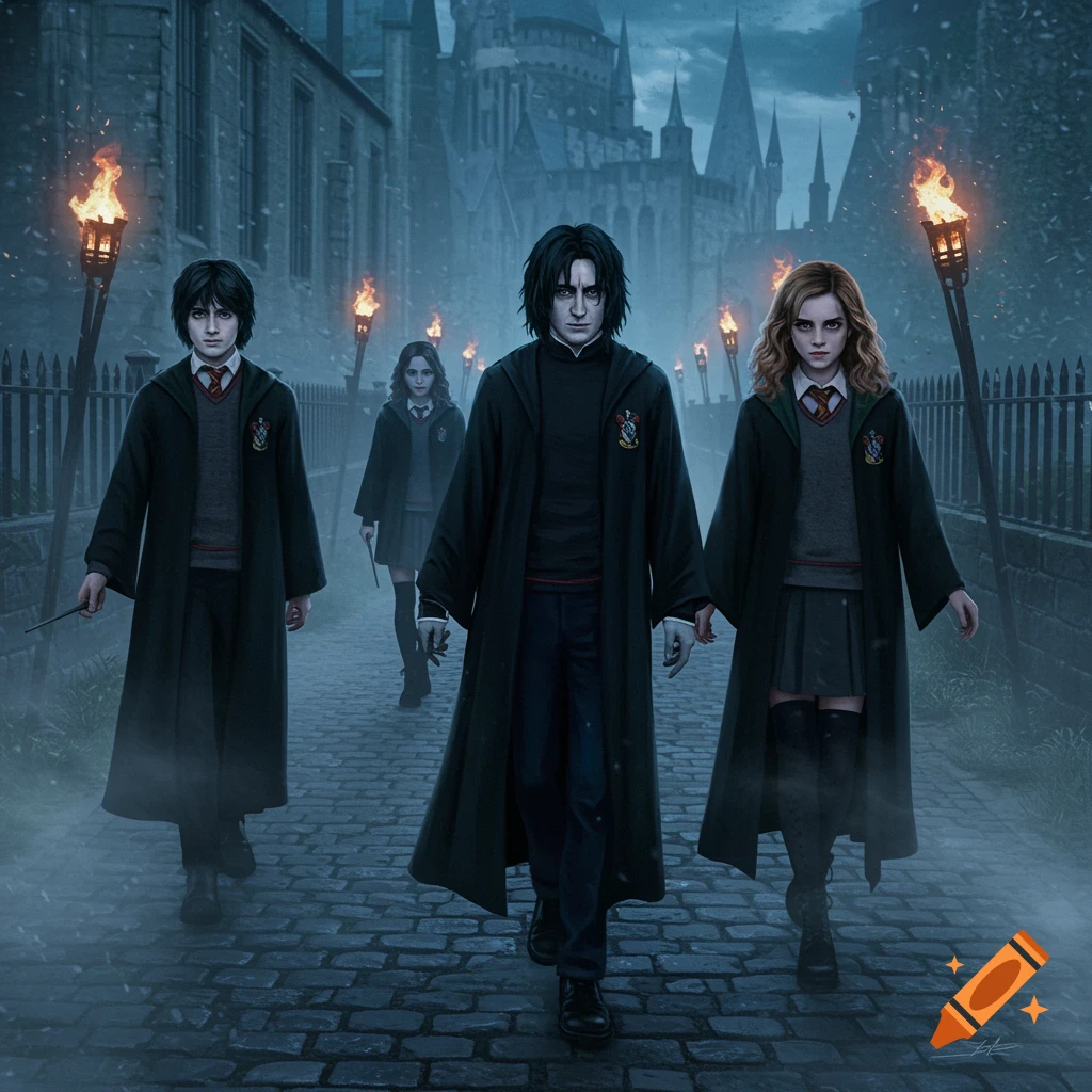 Harry Potter, Snape, Hermione, and another student walk on a cobblestone path outside Hogwarts at night, lit by torches.