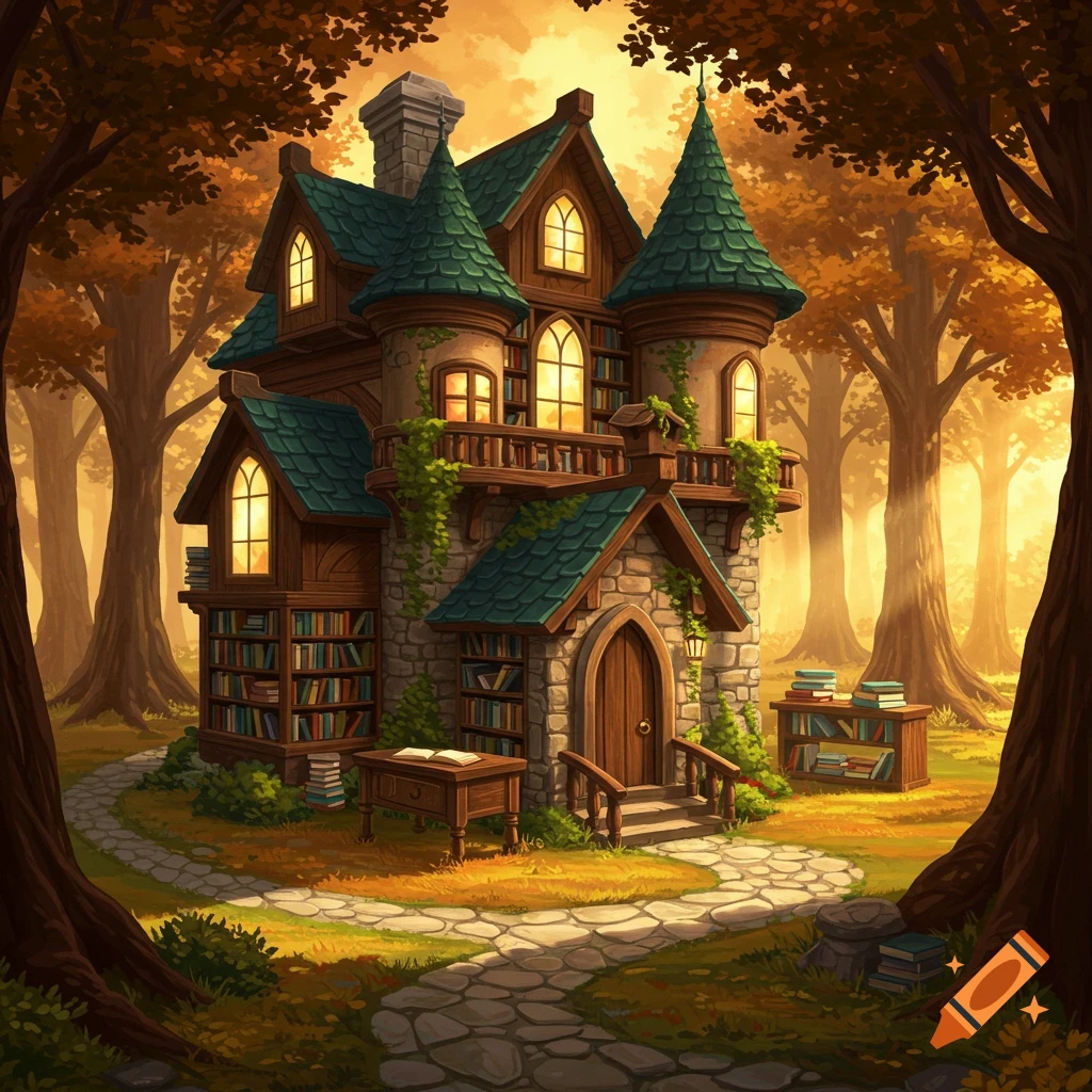 A whimsical, fairytale-like librarian's house with green turrets and stone walls, nestled in an autumn forest with warm sunlight.