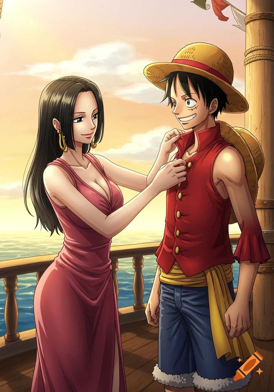 Anime style art of Boa Hancock adjusting Monkey D. Luffy's collar on a ship deck at sunset.