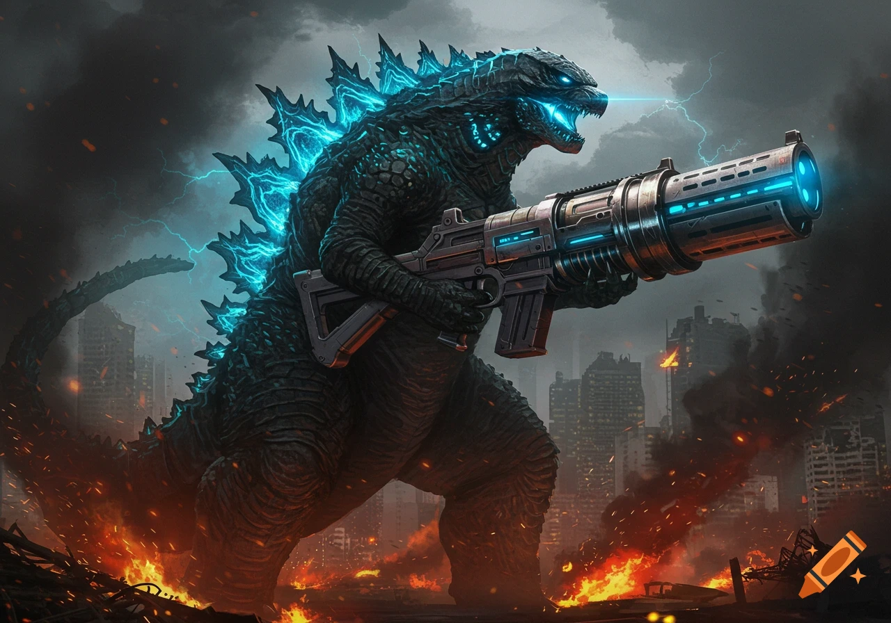 Godzilla with glowing blue spikes and eyes, holding a large futuristic rifle in a burning, destroyed city under a stormy sky.