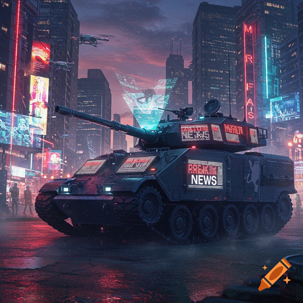 A futuristic tank displaying 'BREAKING NEWS' drives through a neon-lit cyberpunk city at dusk.