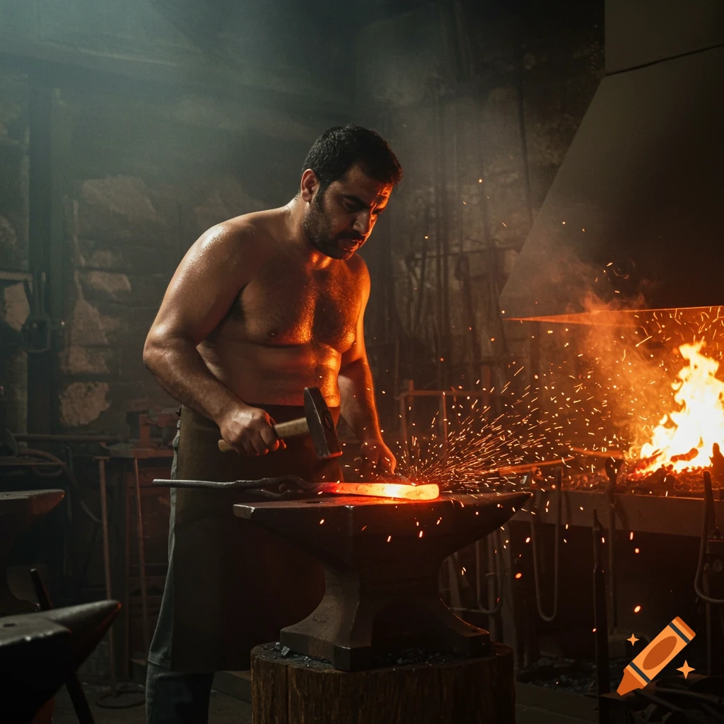 A muscular blacksmith hammers glowing metal on an anvil in a smoky, firelit forge, sparks flying.