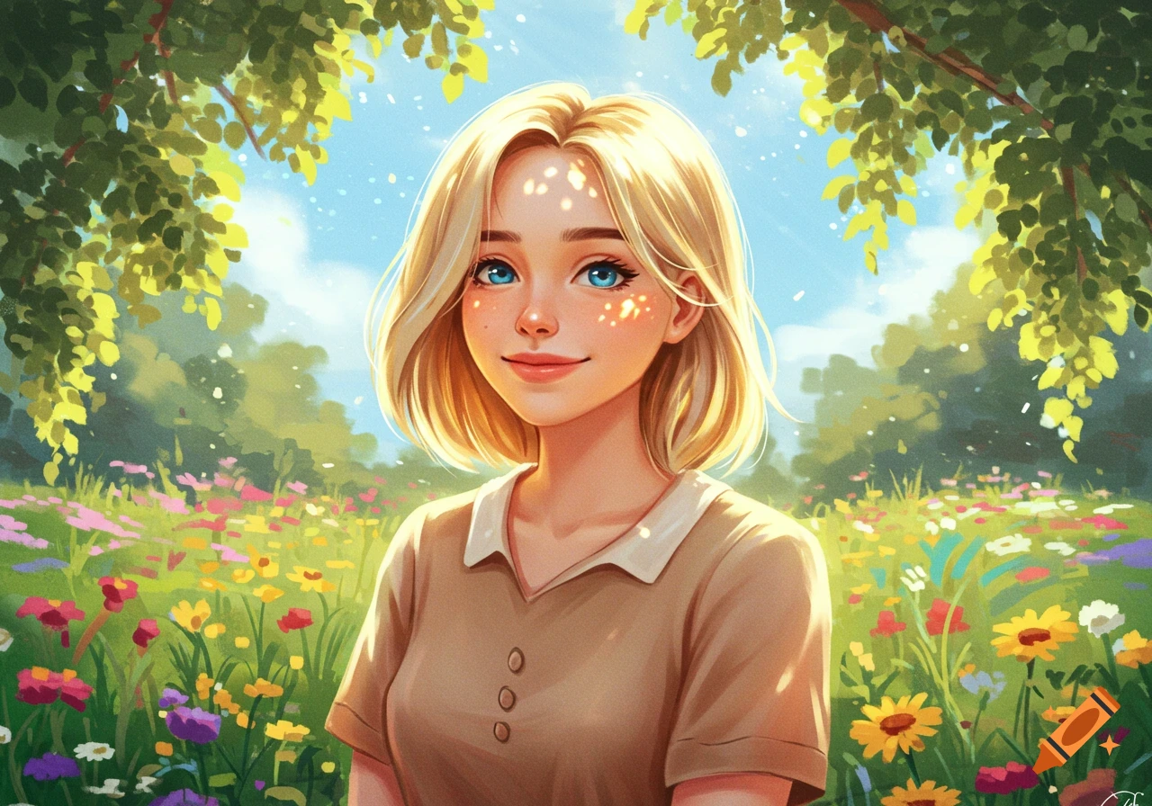Anime-style portrait of a smiling blonde woman with blue eyes in a sunny wildflower field, dappled light on her face.