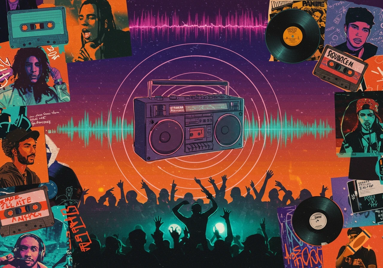 A vibrant collage of music culture with a central boombox, sound waves, stylized portraits of musicians, vinyl records, cassettes, and a concert crowd.