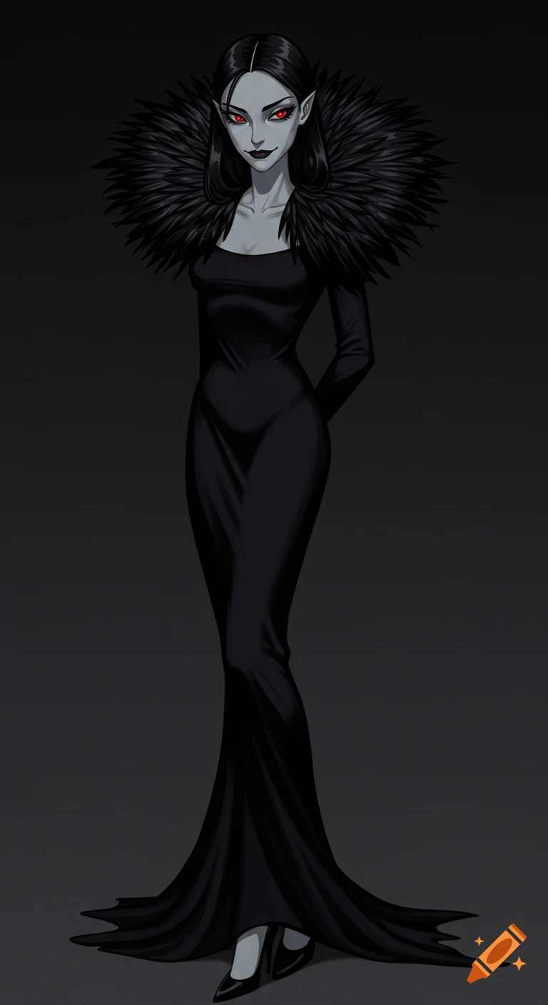 A full-body anime-style illustration of a woman with grey skin, red eyes, and dark hair, wearing a long black dress and a large black feathered collar, striking a poised pose.