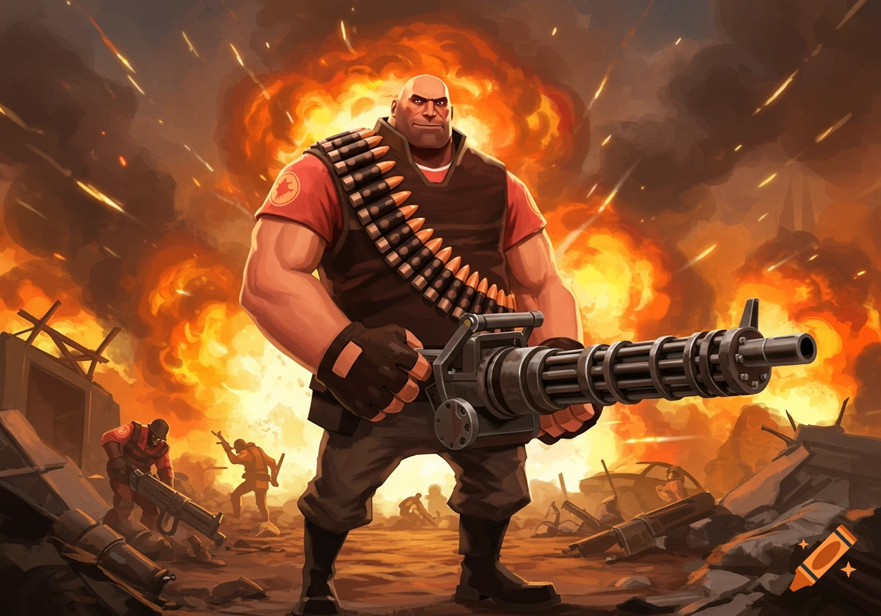 Heavy from Team Fortress 2 stands ready with a minigun in a war-torn, explosive battlefield illustration.