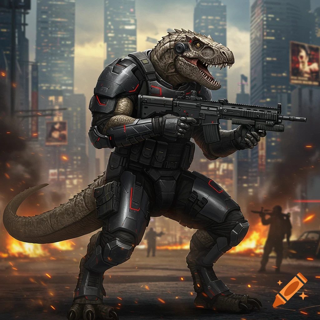 A dinosaur mercenary in black ballistic armor holding an assault rifle, standing in a burning city with skyscrapers in the background.