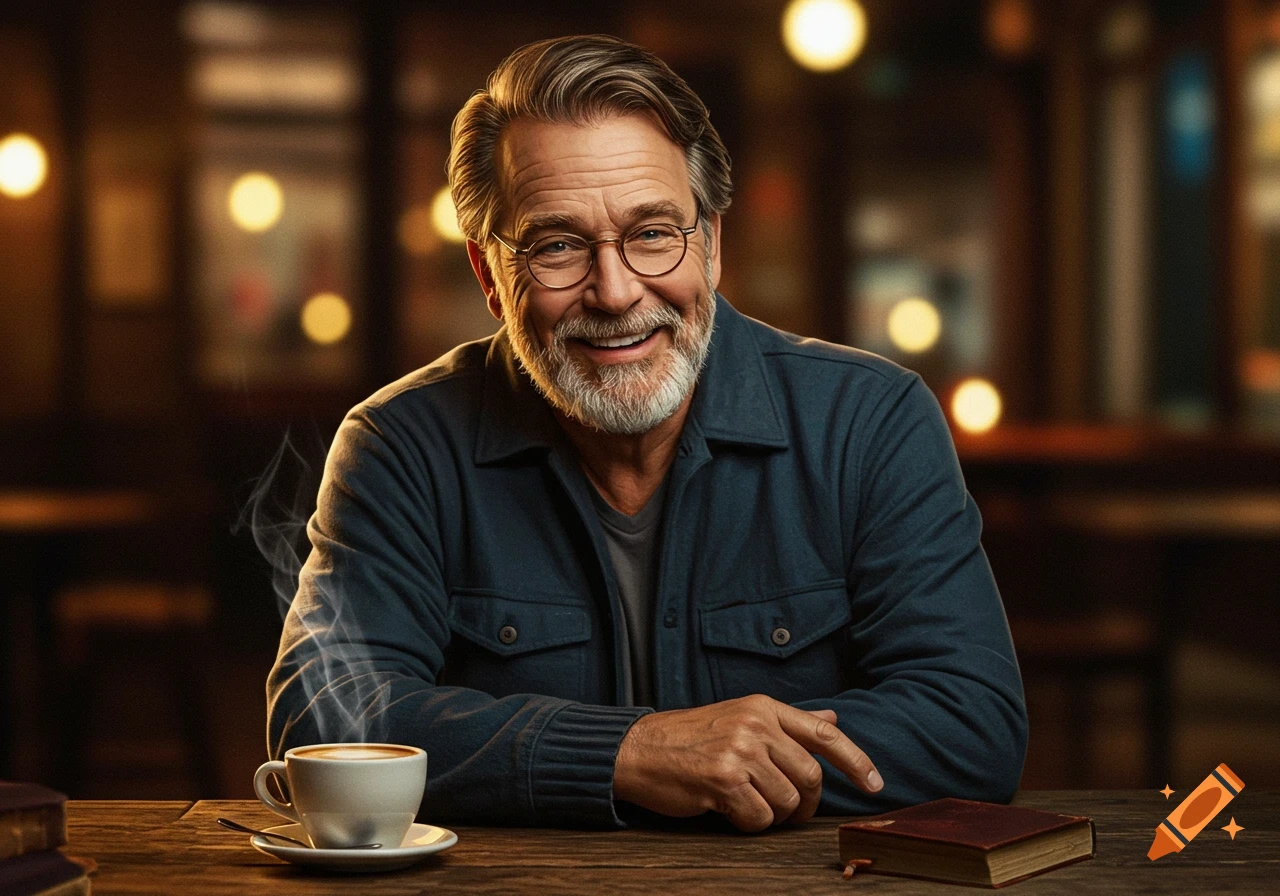 Smiling older man with a beard and glasses sits at a cafe table with a steaming coffee cup and a book.