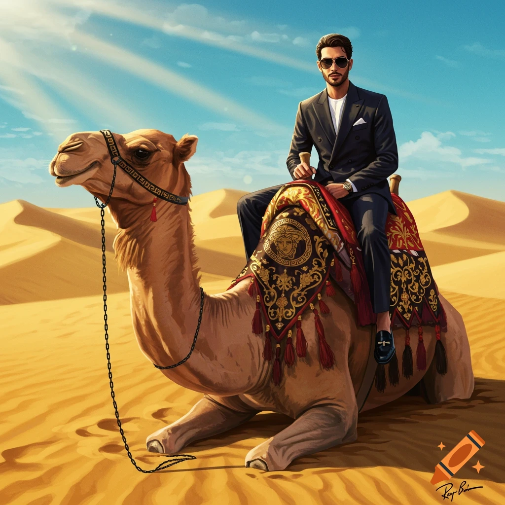 A man in a dark suit and sunglasses rides a camel adorned with a luxurious, patterned saddle in a sunlit desert landscape.