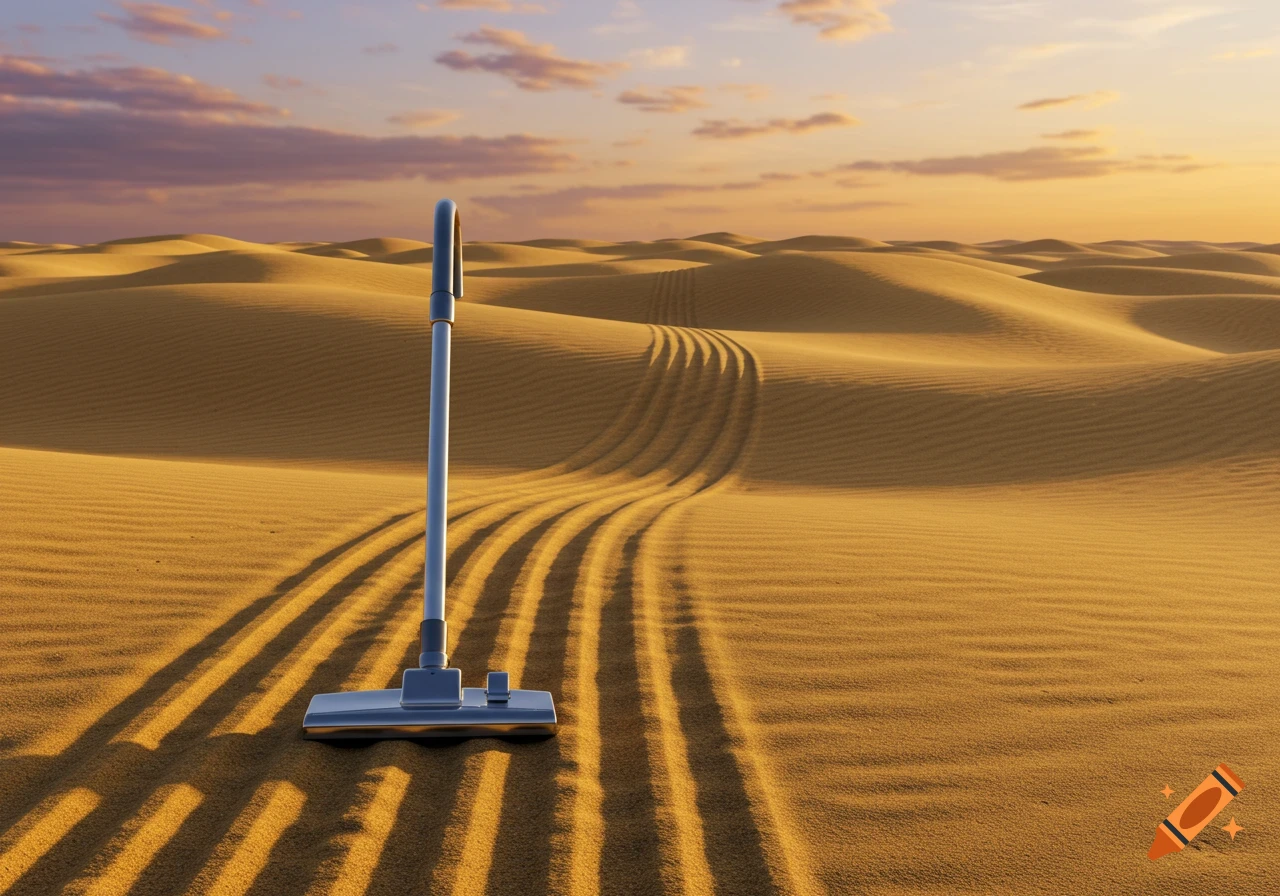 A photorealistic image of a vacuum cleaner standing upright in a vast, golden desert, leaving long tracks in the sand at sunset.