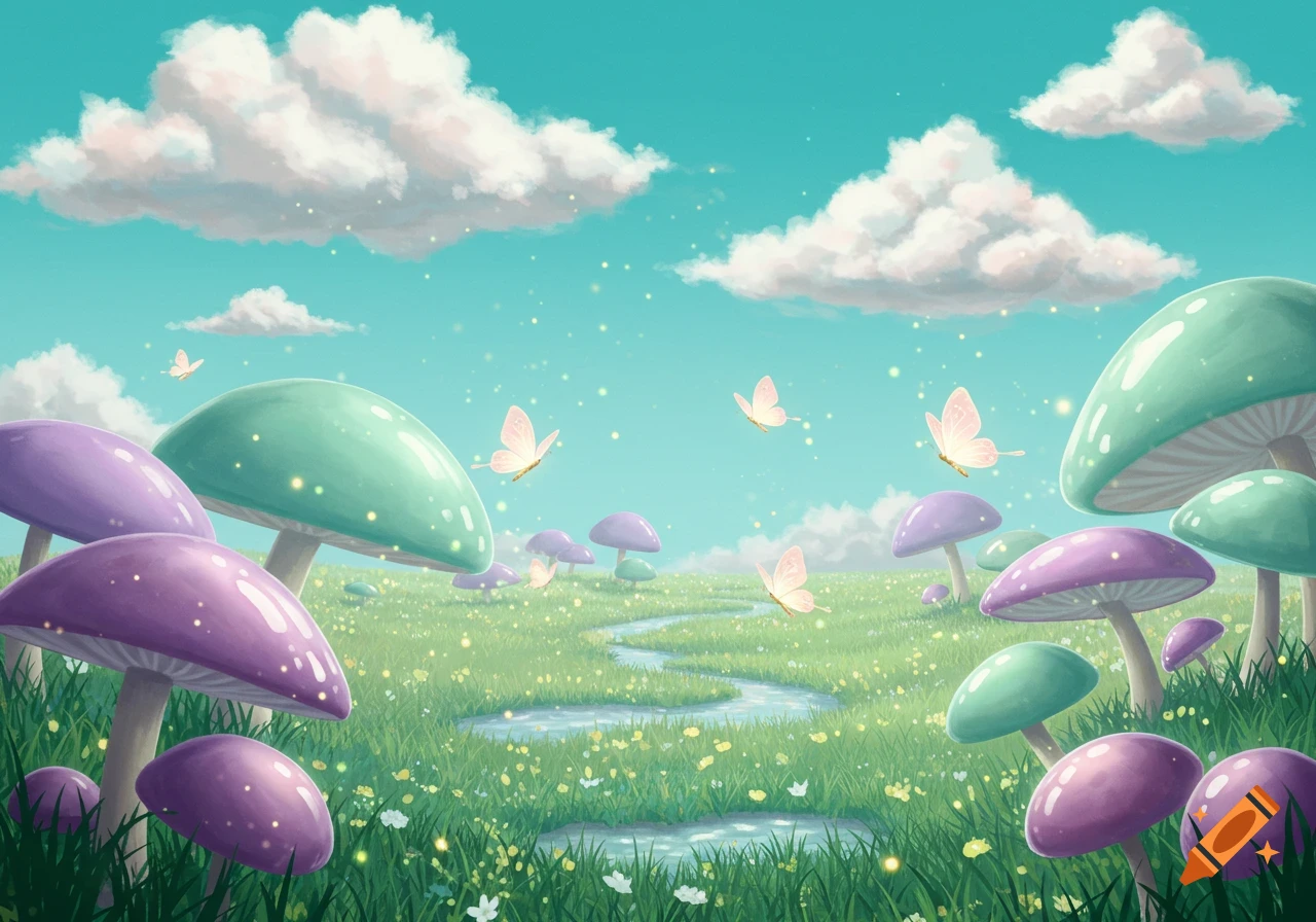 Whimsical fantasy landscape with large purple and teal mushrooms, butterflies, a stream, and glowing particles.