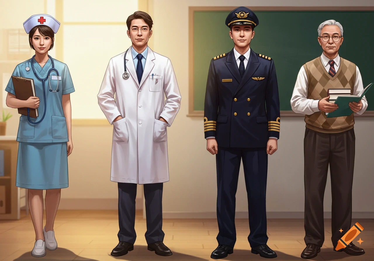 An illustration of a nurse, doctor, pilot, and professor standing side-by-side in their professional uniforms.