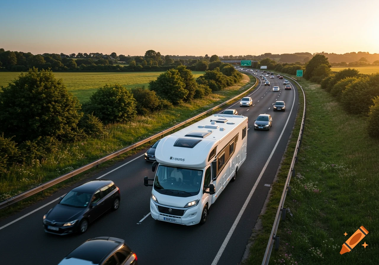 A white motorhome drives on a multi-lane highway at sunset, surrounded by other cars and green fields.