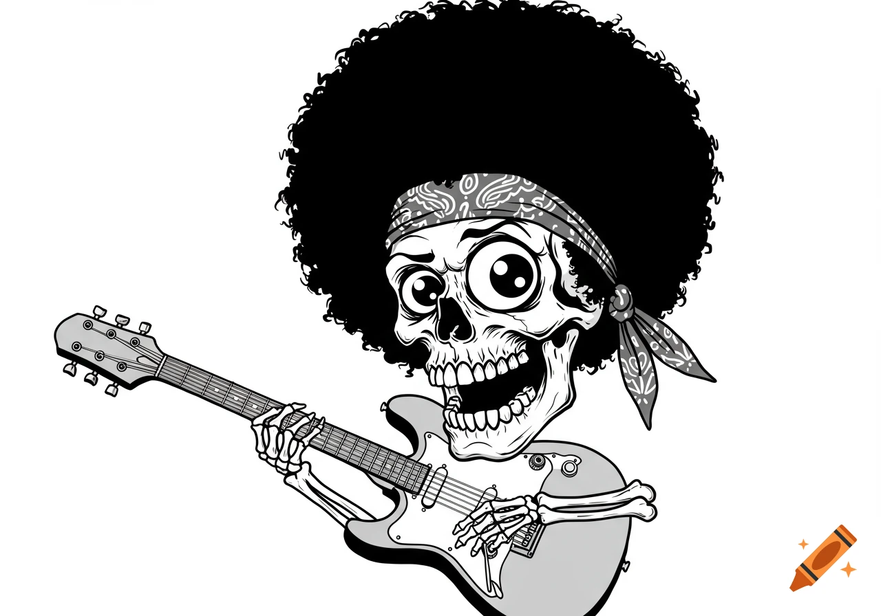 A cartoonish skeleton with a large afro, big eyes, and a bandana grins widely while playing an electric guitar, in black and white vector style.