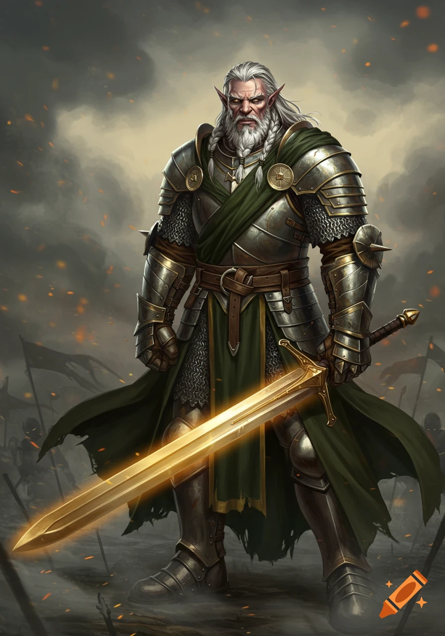 A powerful elven knight in full plate armor and green cloak stands on a smoky battlefield, holding a glowing golden sword.
