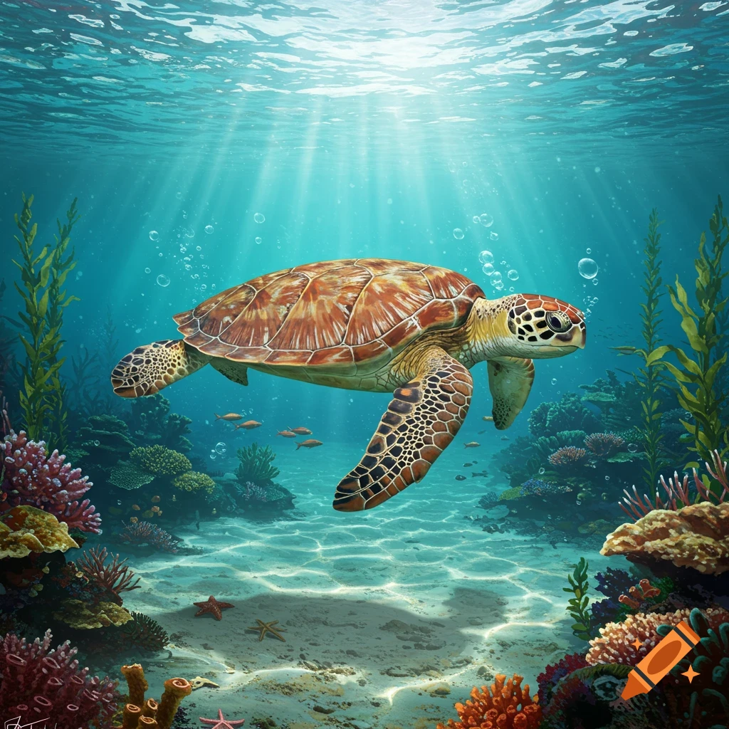 A detailed illustration of a sea turtle swimming over a vibrant coral reef, with sunbeams filtering through clear blue water.