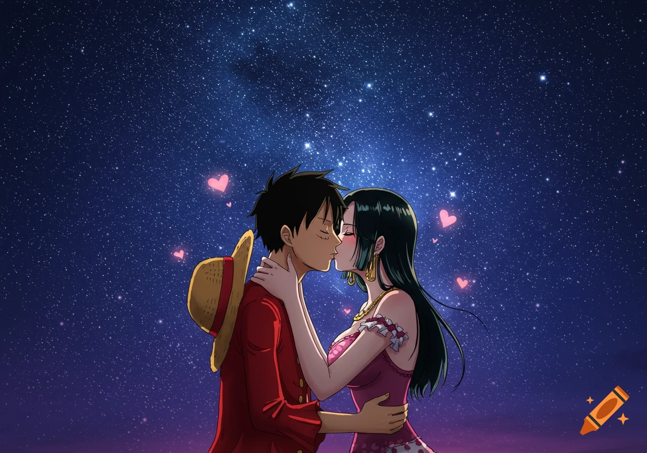 Anime characters Luffy and Hancock kissing under a starry night sky with floating hearts.