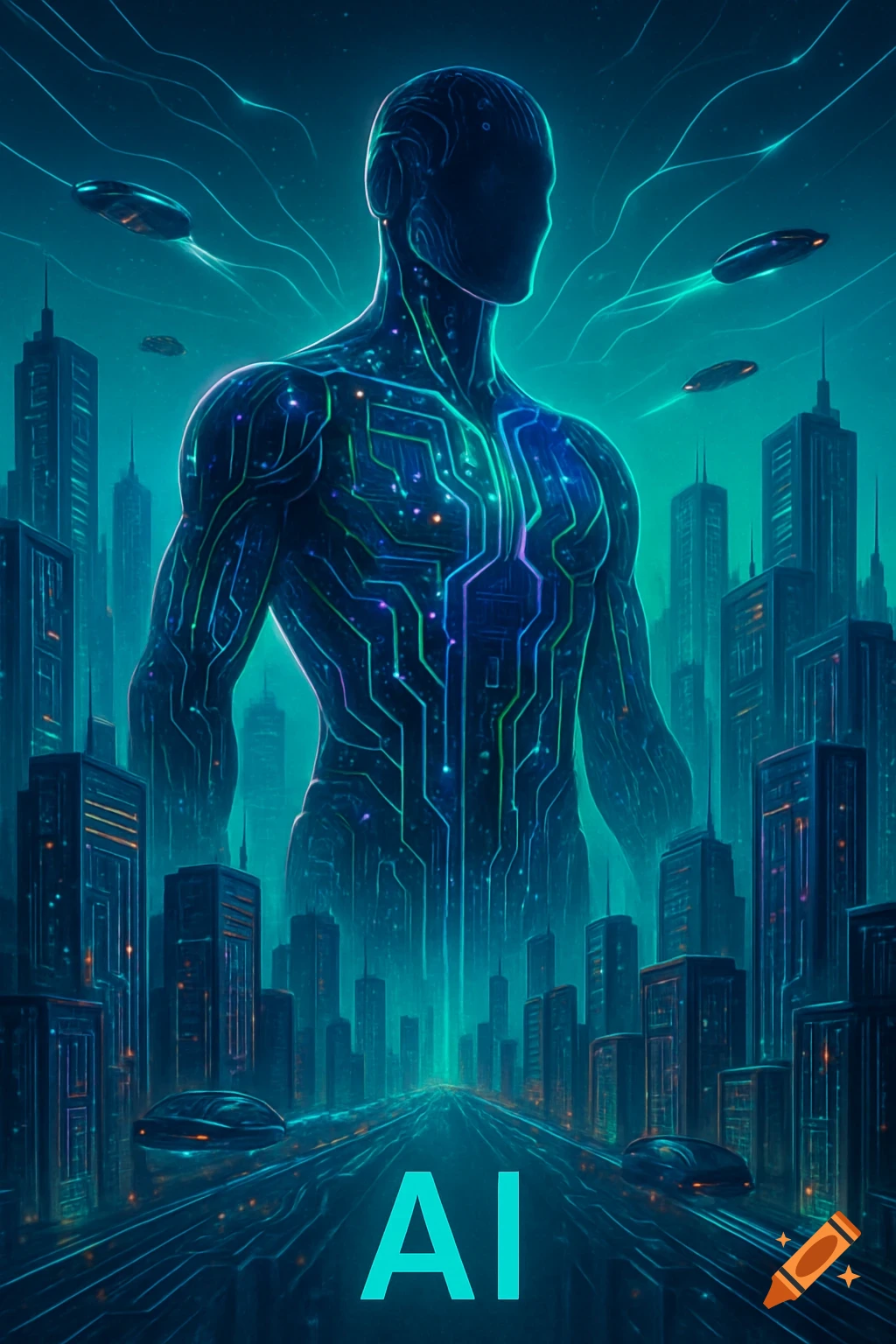 A towering, circuit-patterned human figure stands over a futuristic city with flying vehicles, glowing blue and green, with 'AI' text at the bottom.