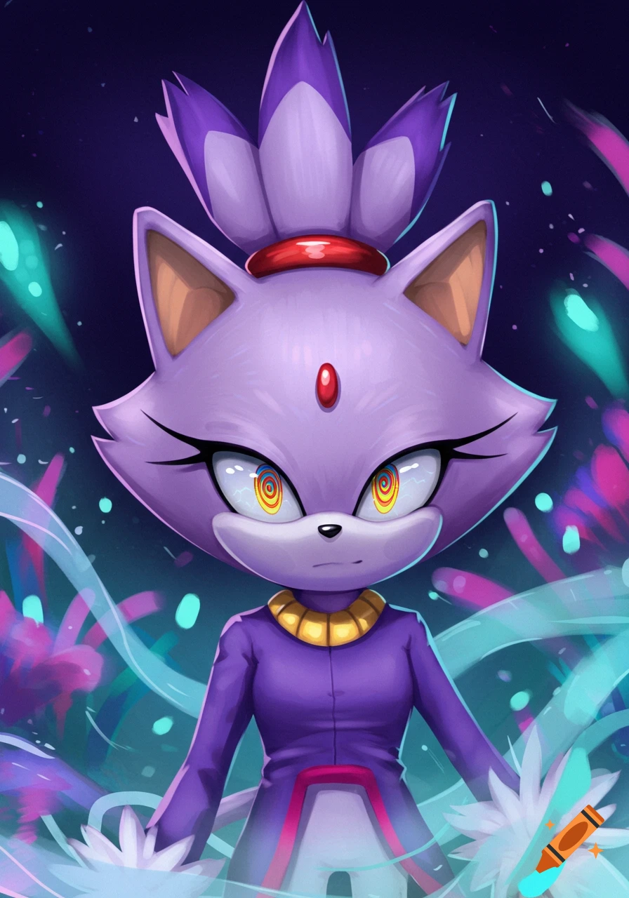 Blaze the Cat with spiral hypnotic eyes, wearing a purple outfit, against a dark background with glowing turquoise and pink energy trails.