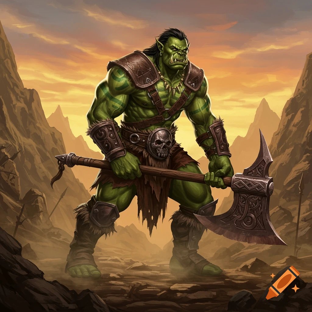 A muscular green orc barbarian with a large axe stands in a rocky landscape under an orange sky, digital painting.