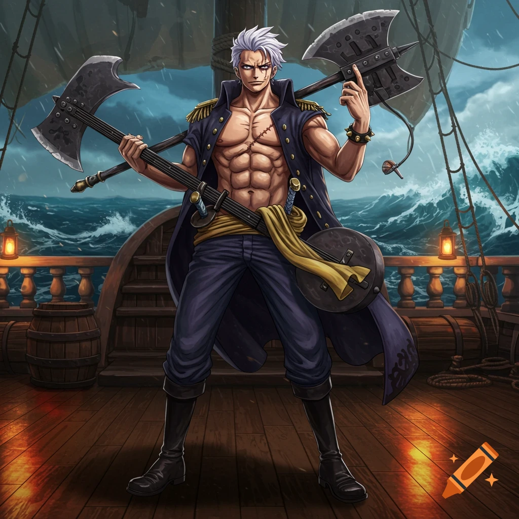 Muscular anime pirate with white hair and a scar over his left eye, holding a battle axe shaped guitar and a stylized microphone on a pirate ship at sea.