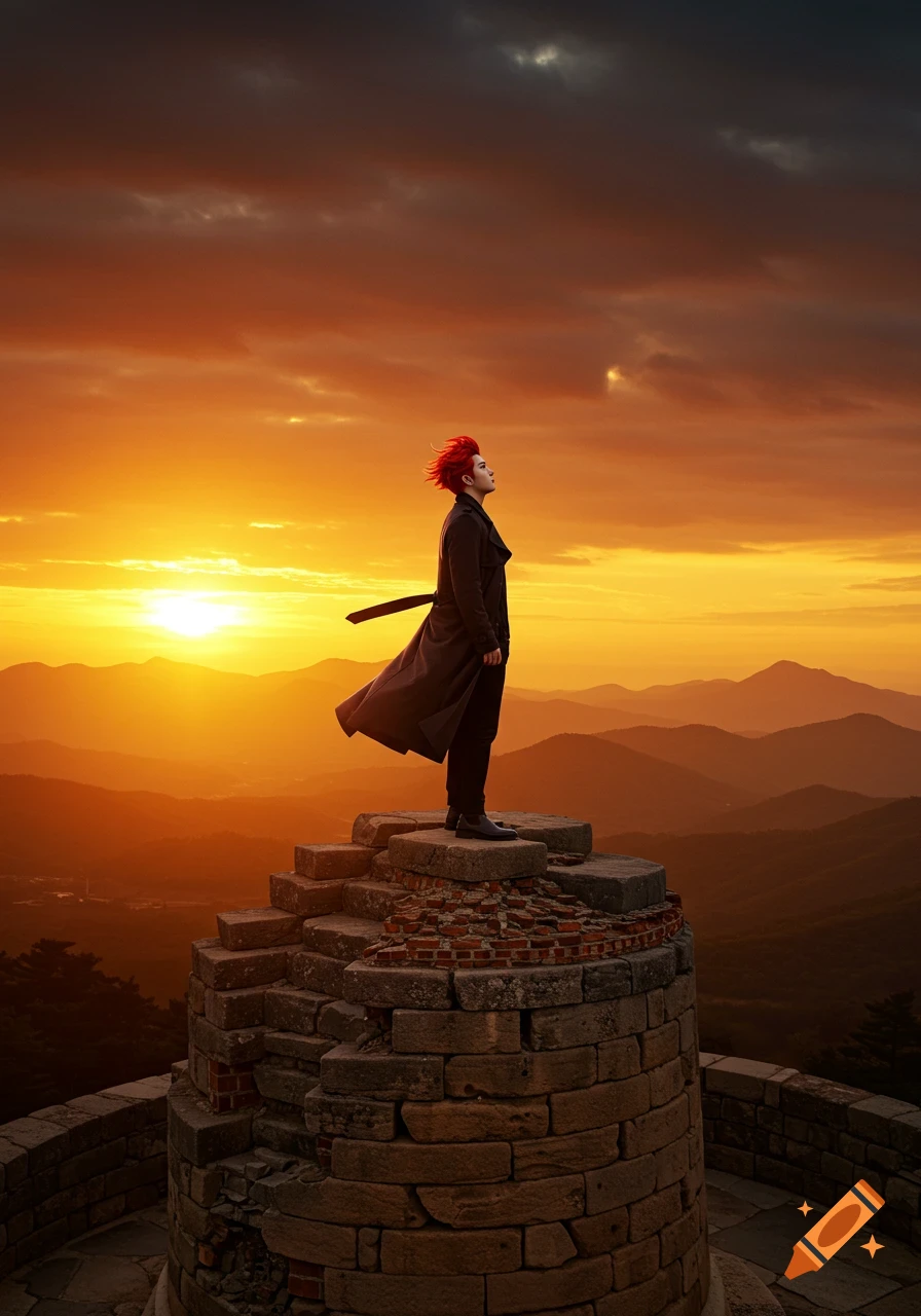 A red-haired person in a trench coat stands on a stone tower, gazing at a dramatic orange sunset over mountains.