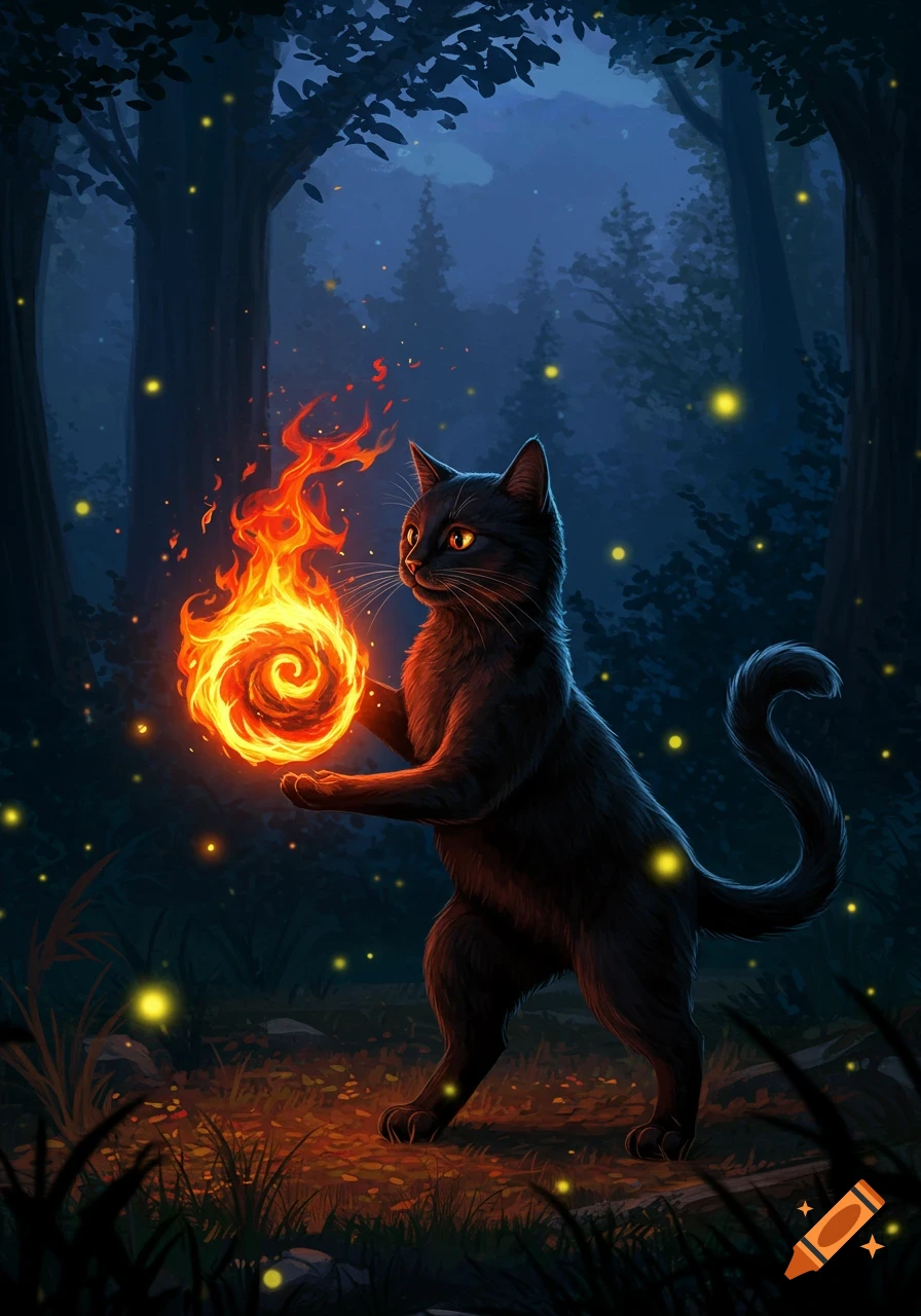A mystical black cat holds a glowing swirl of fire in its paws in a dark, firefly-lit forest.