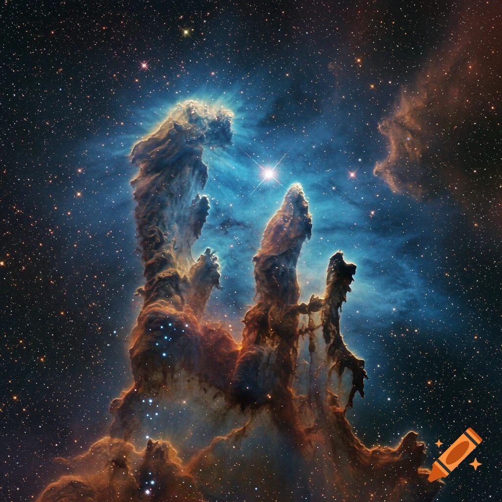 Vibrant space nebula with tall, dark pillars of dust and gas against a starry blue and orange cosmic background.