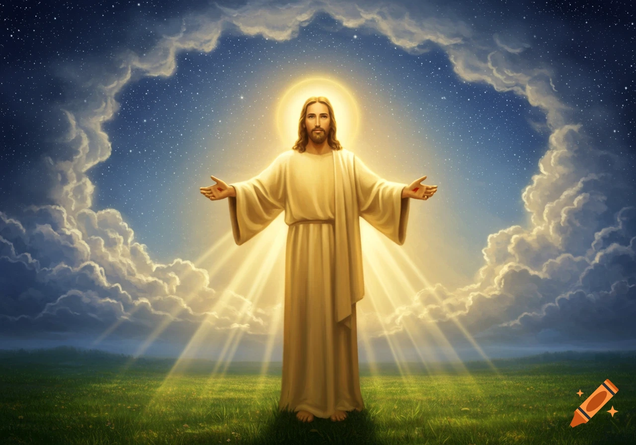 Jesus Christ stands in a field with arms outstretched, enveloped by golden light rays against a starry, cloudy sky.