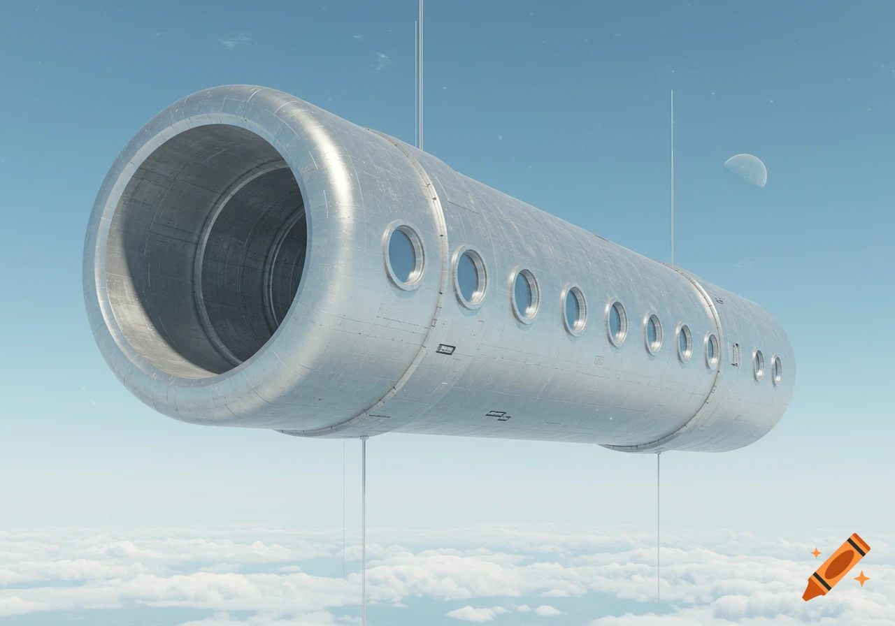 Large metallic cylinder with portholes floats above white clouds in a blue sky, with a crescent moon.