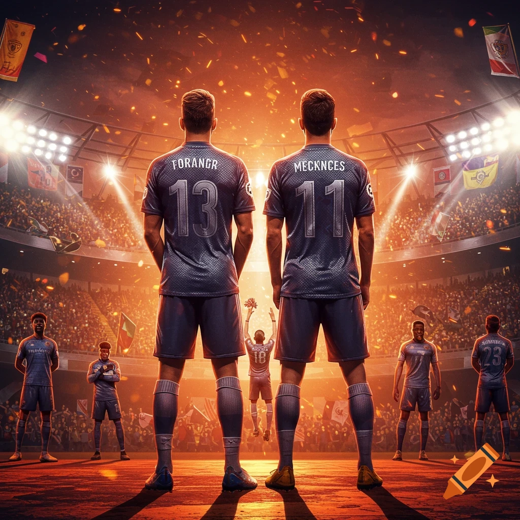 Two soccer players with numbers 13 and 11 on their backs stand facing a cheering crowd in a brightly lit stadium, with other players in the background.