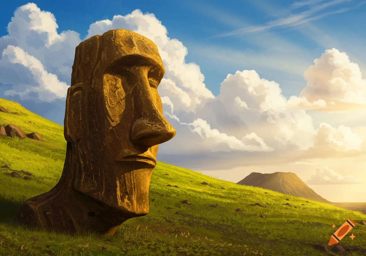 A golden-brown Moai statue stands on a vibrant green grassy hill under a blue sky with fluffy white and golden clouds.