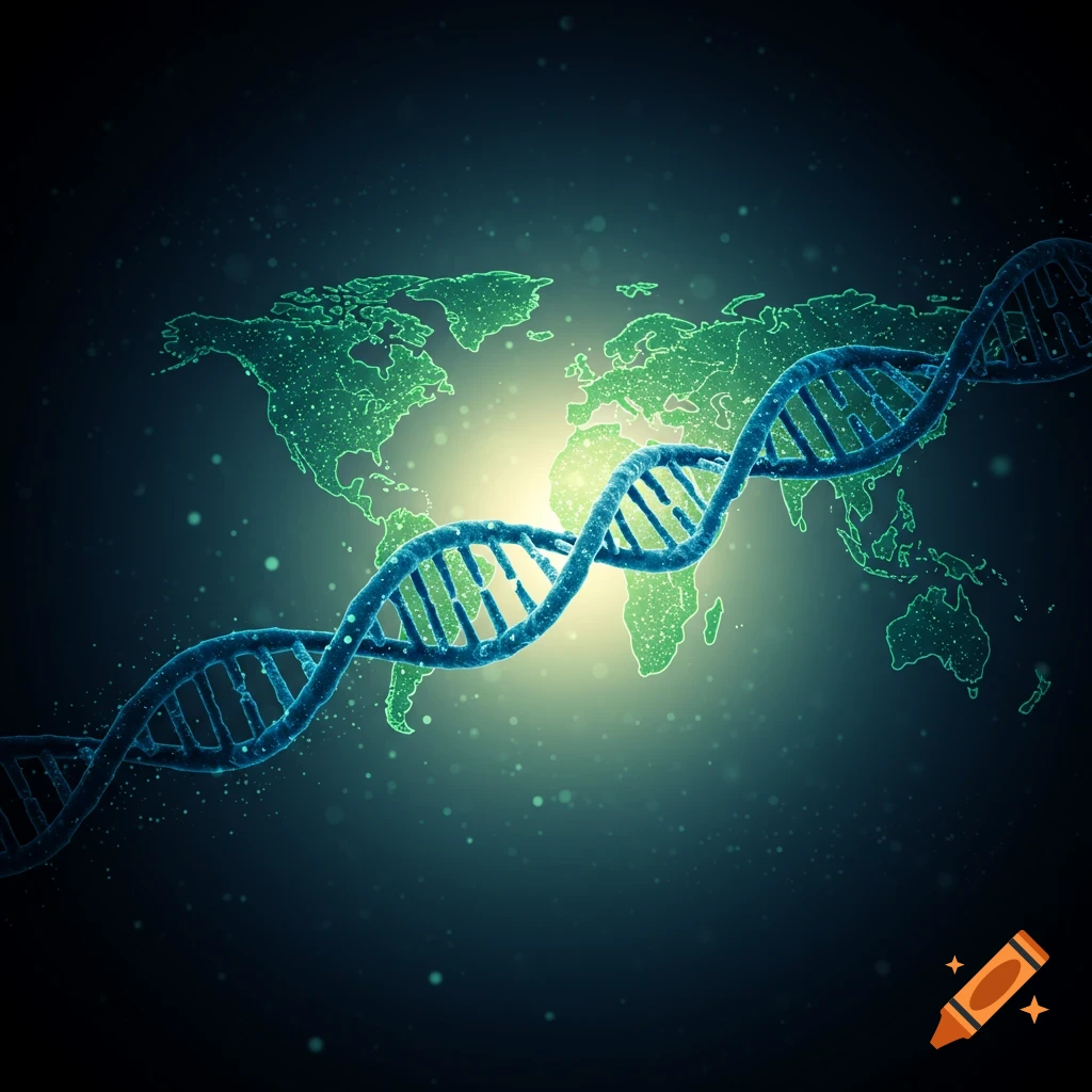 Blue DNA helix over a glowing green map of the world on a dark background.