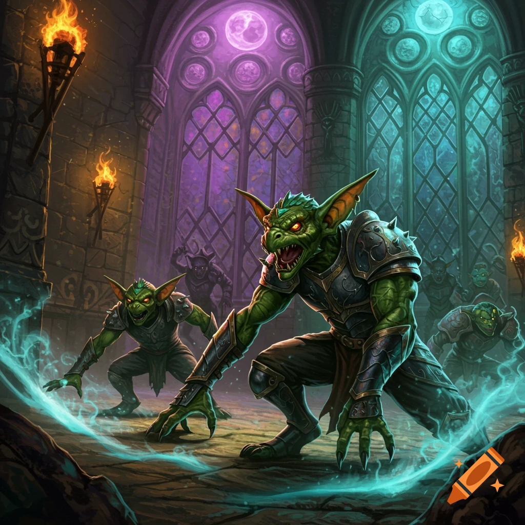 A group of menacing green goblins with glowing red eyes and armor, illuminated by torches and magical blue light in a dark, gothic dungeon.